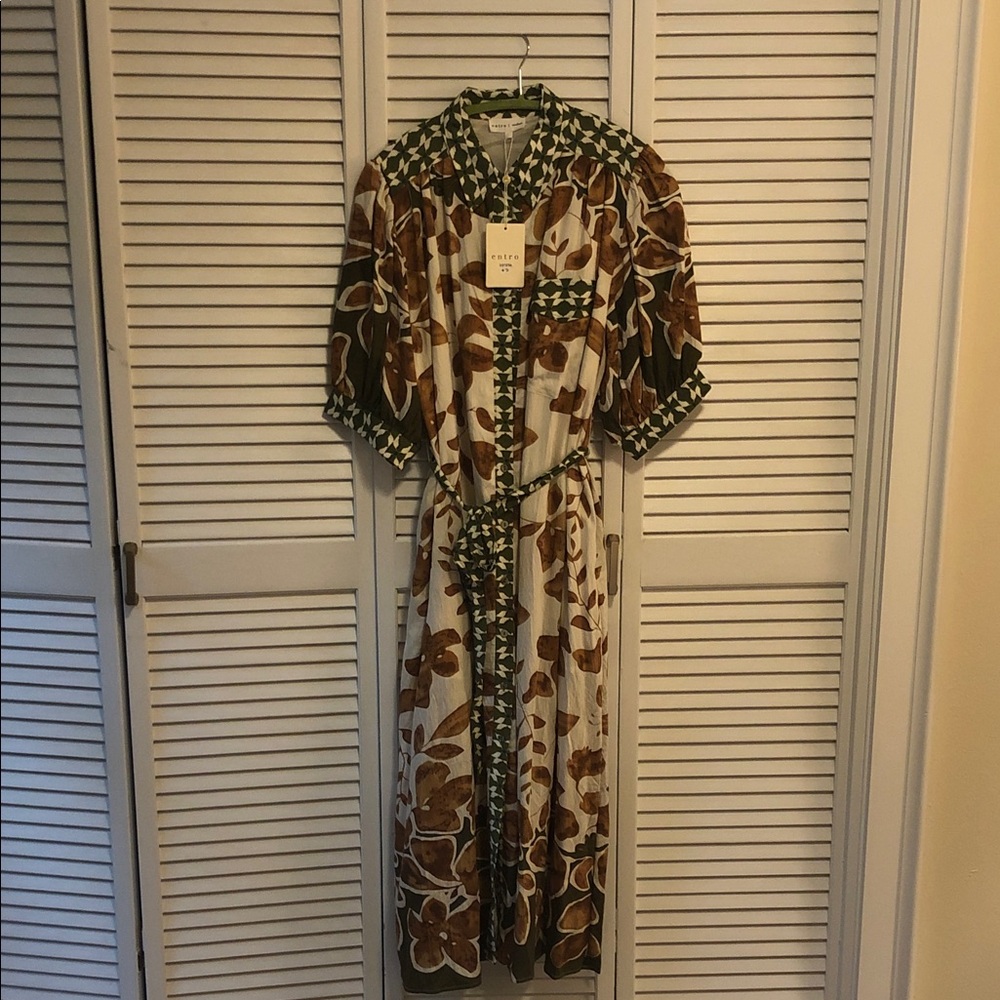 entro Floral Midi Dress in Cream, Brown & Green